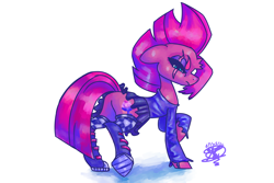 Size: 3600x2400 | Tagged: safe, alternate version, artist:mannybcadavera, imported from derpibooru, fizzlepop berrytwist, tempest shadow, pony, unicorn, boots, broken horn, butt, checkerboard pattern, clothes, converse, ears back, female, glare, horn, long sleeved shirt, looking at you, looking back, looking back at you, mare, plot, shirt, shoes, simple background, sneaker boots, socks, solo, thigh highs, underhoof, white background