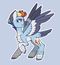 Size: 735x800 | Tagged: safe, artist:axelotl_1, imported from derpibooru, rainbow dash, pegasus, pony, alternate design, blue background, female, fur, looking back, multicolored hair, outline, rainbow hair, redesign, simple background, solo, unshorn fetlocks, white outline, wings