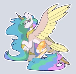 Size: 818x800 | Tagged: safe, artist:axelotl_1, imported from derpibooru, princess celestia, alicorn, pony, colored wings, crown, female, gray background, jewelry, mare, multicolored wings, raised hoof, redesign, regalia, simple background, solo, spread wings, tail, tail feathers, wings