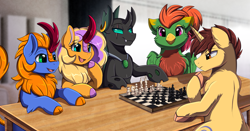 Size: 3709x1950 | Tagged: safe, artist:pridark, imported from derpibooru, oc, oc only, changeling, griffon, kirin, pony, unicorn, changeling oc, chess, chess piece, commission, female, griffon oc, group, high res, horn, kirin oc, male, open mouth, playing, sitting, table, unicorn oc, watching