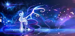 Size: 3516x1706 | Tagged: safe, artist:aquagalaxy, imported from derpibooru, oc, oc only, pegasus, pony, cloud, dark background, female, mare, night, reflection, solo, stars, unknown species, wings