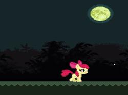 Size: 356x264 | Tagged: safe, artist:anomalocalis, imported from derpibooru, apple bloom, earth pony, pony, bloodlineapplebloom.exe, bow, creepypasta, female, filly, foal, forest, game, grass, hair bow, mare, moon, night, tree, youtube link