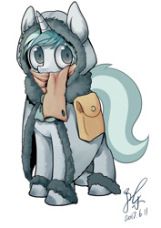 Size: 1024x1449 | Tagged: safe, artist:yunlongchen, imported from derpibooru, oc, oc only, pony, unicorn, bag, clothes, looking at you, saddle bag, scarf, simple background, solo, white background
