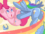 Size: 160x120 | Tagged: safe, artist:yunlongchen, imported from derpibooru, pinkie pie, rainbow dash, earth pony, pegasus, pony, butt, feather, female, lesbian, mare, pixel art, plot, rainbow pie, rainbutt dash