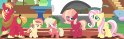 Size: 1280x408 | Tagged: safe, artist:selenaede, artist:strawberry-spritz, artist:teafor2-d, imported from derpibooru, big macintosh, fluttershy, oc, oc:peachy seed, oc:sweet apple, oc:sweet note, earth pony, pegasus, pony, alternate design, alternate hairstyle, base used, bow, earth pony oc, family, female, filly, fireplace, fluttermac, fluttershy's cottage, foal, freckles, hair accessory, hair bow, male, mare, offspring, parent:big macintosh, parent:fluttershy, parents:fluttermac, pegasus oc, pillow, pot, rug, shipping, siblings, sisters, stallion, straight, striped mane, tail, tail bow, teenager, twins, window