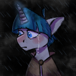 Size: 1280x1280 | Tagged: dead source, safe, artist:frogboyfriend, imported from derpibooru, stygian, pony, unicorn, cloak, clothes, crying, looking away, male, rain, solo, stallion