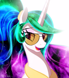 Size: 1920x2160 | Tagged: safe, artist:zidanemina, imported from derpibooru, princess celestia, alicorn, pony, alternate hairstyle, bust, ethereal mane, eyebrows, female, glasses, high res, mare, missing accessory, open mouth, open smile, portrait, signature, simple background, smiling, solo, starry mane, sunglasses, white background