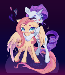 Size: 1280x1486 | Tagged: safe, artist:glitterfr33ze, imported from derpibooru, fluttershy, rarity, pegasus, pony, unicorn, blushing, cloven hooves, colored, colored hooves, cute, duo, eyes closed, eyes open, female, flarity, floppy ears, gradient background, heart, hug, lesbian, looking at someone, mare, open mouth, open smile, partially open wings, raribetes, shipping, shyabetes, smiling, winghug, wings