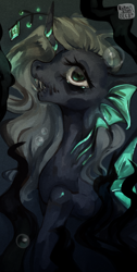 Size: 1098x2173 | Tagged: safe, artist:rottengotika, imported from derpibooru, oc, oc only, hybrid, merpony, original species, seapony (g4), bubble, curved horn, flowing mane, gem, gills, green eyes, horn, ocean, open mouth, signature, solo, teeth, underwater, water