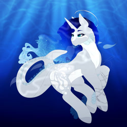 Size: 1280x1280 | Tagged: safe, artist:melodyboundless, imported from derpibooru, oc, oc only, merpony, original species, pony, shark, shark pony, unicorn, blue eyes, blue mane, contest entry, crepuscular rays, deviantart watermark, female, fish tail, flowing mane, flowing tail, horn, mare, obtrusive watermark, ocean, smiling, solo, sunlight, swimming, tail, underwater, water, watermark