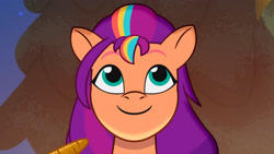 Size: 3410x1920 | Tagged: safe, imported from derpibooru, screencap, sunny starscout, earth pony, pony, spoiler:g5, spoiler:my little pony: tell your tale, spoiler:tyts01e10, carrot, female, food, g5, high res, mane stripe sunny, mare, my little pony: tell your tale, night, smiling, solo, sunny-day dinners
