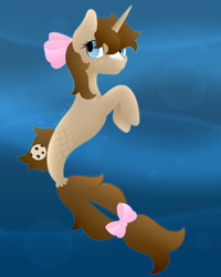 Size: 1600x2000 | Tagged: safe, artist:dolphintales, imported from derpibooru, oc, oc only, pony, seapony (g4), unicorn, blue background, blue eyes, brown mane, bubble, dorsal fin, fish tail, flowing tail, horn, seaponified, seashell, simple background, smiling, solo, species swap, tail, underwater, water