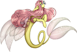 Size: 2989x2007 | Tagged: safe, artist:tsukorito, imported from derpibooru, fluttershy, butterfly, merpony, pegasus, seapony (g4), butterfly on nose, clothes, female, fin wings, fins, fish tail, flowing mane, flowing tail, green eyes, insect on nose, looking up, mare, pink mane, seaponified, seapony fluttershy, see-through, simple background, solo, species swap, tail, transparent background, wings