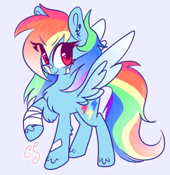 Size: 1206x1246 | Tagged: safe, artist:cutiesparke, imported from derpibooru, rainbow dash, pegasus, pony, alternate cutie mark, alternate design, bandage, chest fluff, colored wings, determined, ear fluff, ear piercing, earring, eye clipping through hair, female, gradient mane, gradient wings, jewelry, looking sideways, piercing, pink eyes, puffed chest, raised hoof, simple background, solo, spread wings, unshorn fetlocks, wings