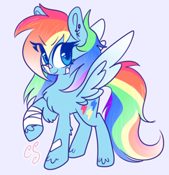 Size: 1206x1246 | Tagged: safe, alternate version, artist:cutiesparke, imported from derpibooru, rainbow dash, pegasus, pony, alternate cutie mark, alternate design, alternate eye color, bandage, blue eyes, chest fluff, colored wings, determined, ear fluff, ear piercing, earring, eye clipping through hair, female, gradient mane, gradient wings, jewelry, looking sideways, piercing, puffed chest, raised hoof, simple background, solo, spread wings, unshorn fetlocks, wings