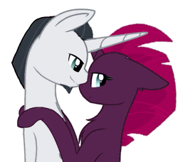 Size: 795x726 | Tagged: safe, artist:cahansentoth, artist:decokenite, imported from derpibooru, chancellor neighsay, tempest shadow, pony, unicorn, boop, chest fluff, female, horn, horns are touching, hug, hugging a pony, just kiss already, looking at someone, looking away, male, mare, shipping, simple background, smiling, stallion, straight, tempest neighsay, white background