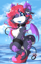 Size: 1222x1886 | Tagged: safe, artist:焰心fireworks, imported from derpibooru, oc, oc only, oc:夕霞•焰心, dracony, dragon, hybrid, original species, succubus, succubus pony, collar, female, ocean, solo, water