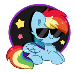 Size: 3936x3872 | Tagged: safe, artist:kittyrosie, imported from derpibooru, rainbow dash, pegasus, pony, chest fluff, cute, dashabetes, ear fluff, female, lying down, mare, simple background, smiling, solo, stars, sunglasses, transparent background