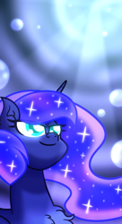 Size: 3420x6300 | Tagged: safe, artist:iceflower99, imported from derpibooru, princess luna, alicorn, pony, blue eyes, blue mane, bubble, chest fluff, crepuscular rays, ear fluff, ethereal mane, female, flowing mane, glowing, horn, mare, missing accessory, redraw, smiling, solo, sparkles, speedpaint, starry mane, sunlight, video at source, video in description