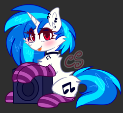 Size: 1550x1428 | Tagged: safe, artist:cutiesparke, imported from derpibooru, dj pon-3, vinyl scratch, pony, unicorn, :p, butt fluff, cheek fluff, chest fluff, choker, clothes, cutie mark accessory, ear fluff, ear piercing, eye clipping through hair, female, gray background, hooves up, lightly watermarked, looking at you, piercing, red eyes, shiny hair, simple background, sitting, socks, solo, speaker, striped socks, tongue out, two toned mane, watermark