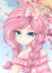 Size: 718x1000 | Tagged: safe, artist:fluttershy_art.nurul, imported from derpibooru, fluttershy, human, equestria girls, anime, anime style, beautiful, beautiful eyes, braid, cherry blossoms, clothes, cute, dress, flower, flower blossom, green eyes, hairstyle, looking at you, pink, pink dress, pink hair, shyabetes, solo, tape, tree