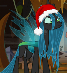 Size: 904x982 | Tagged: safe, edit, edited screencap, imported from derpibooru, screencap, grogar, queen chrysalis, changeling, changeling queen, the beginning of the end, christmas, christmas changeling, clothes, cropped, female, hat, holiday, offscreen character, pouting, queen christmas list, queen chrysalis is not amused, santa hat, solo, unamused