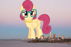 Size: 2048x1365 | Tagged: safe, artist:dashiesparkle, artist:thegiantponyfan, imported from derpibooru, posey shy, pegasus, pony, cleveland, female, giant pegasus, giant pony, giantess, glasses, highrise ponies, irl, jewelry, looking at you, macro, mare, mega giant, necklace, ohio, pearl necklace, photo, ponies in real life, smiling