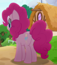Size: 430x488 | Tagged: safe, imported from derpibooru, screencap, pinkie pie, earth pony, pony, rainbow roadtrip, balloonbutt, butt, butt focus, cropped, plot, solo