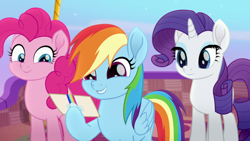 Size: 1920x1080 | Tagged: safe, imported from derpibooru, screencap, pinkie pie, rainbow dash, rarity, pony, rainbow roadtrip