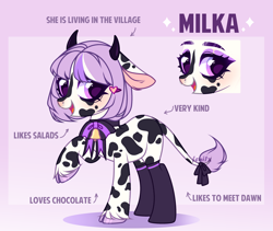 Size: 3496x2952 | Tagged: safe, artist:fenix-artist, imported from derpibooru, oc, oc only, cow, cow pony, pony, cloven hooves, floppy ears, leonine tail, raised hoof, reference sheet, smiling, tail