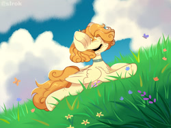 Size: 1280x960 | Tagged: safe, artist:sirok9999, imported from derpibooru, oc, oc only, butterfly, pegasus, pony, choker, cloud, eyelashes, eyes closed, female, lying down, mare, pegasus oc, prone, solo