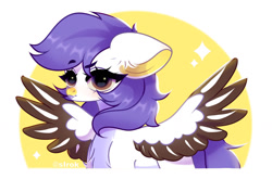 Size: 1280x845 | Tagged: safe, artist:sirok9999, imported from derpibooru, oc, oc only, pegasus, pony, abstract background, eyelashes, female, floppy ears, mare, pegasus oc, solo, spread wings, wings