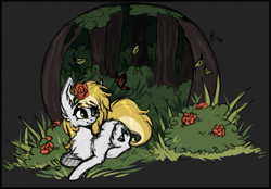 Size: 869x604 | Tagged: safe, artist:tay-niko-yanuciq, imported from derpibooru, oc, oc only, earth pony, pony, bush, chest fluff, earth pony oc, flower, looking back, lying down, outdoors, prone, rose, solo