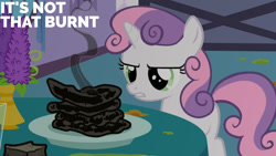 Size: 1280x720 | Tagged: safe, edit, edited screencap, editor:quoterific, imported from derpibooru, screencap, sweetie belle, pony, unicorn, season 2, sisterhooves social, burnt, cooking, female, filly, foal, food, smoke, solo, sweetie belle can't cook, sweetie fail, text