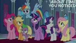 Size: 1280x720 | Tagged: safe, edit, edited screencap, editor:quoterific, imported from derpibooru, screencap, applejack, fluttershy, pinkie pie, rainbow dash, rarity, spike, twilight sparkle, alicorn, dragon, earth pony, pegasus, pony, unicorn, season 9, the beginning of the end, spoiler:s09, applejack's hat, cowboy hat, crossed hooves, female, flying, hat, male, mane seven, mane six, mare, open mouth, open smile, smiling, spread wings, text, twilight sparkle (alicorn), winged spike, wings