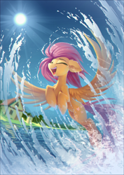 Size: 3512x4967 | Tagged: safe, artist:ramiras, imported from derpibooru, fluttershy, pegasus, pony, commission, cute, eyes closed, female, flying, high res, majestic, mare, open mouth, shyabetes, smiling, solo, spread wings, sun, water, wings