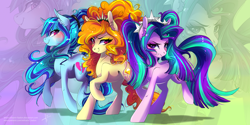 Size: 8000x4000 | Tagged: safe, artist:wilvarin-liadon, imported from derpibooru, adagio dazzle, aria blaze, sonata dusk, earth pony, pony, 2017, abstract background, absurd file size, absurd resolution, blushing, color porn, cutie mark, ear fluff, equestria girls ponified, eyestrain warning, female, long mane, looking at you, mare, old art, ponified, raised hoof, smiling, the dazzlings, trio, zoom layer