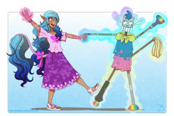 Size: 1772x1181 | Tagged: safe, artist:inuhoshi-to-darkpen, imported from derpibooru, izzy moonbow, human, spoiler:g5, spoiler:my little pony: tell your tale, spoiler:tyts01e09, bracelet, clothes, dancing, dark skin, elf ears, g5, glowing hands, humanized, it's t.u.e.s. day, jewelry, leonine tail, magic, my little pony: tell your tale, nail polish, open mouth, open-toed shoes, sandals, señor butterscotch, skirt, tail, toenail polish, unicorns as elves