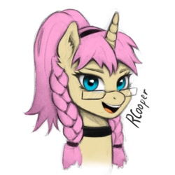 Size: 1200x1200 | Tagged: safe, artist:rcooper, imported from derpibooru, oc, oc:rcooper, pony, unicorn, pony town, blue eyes, braid, ear fluff, glasses, pink hair, ponytail, solo