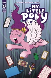 Size: 2063x3131 | Tagged: safe, artist:pony-berserker, idw, imported from derpibooru, pipp petals, pegasus, pony, spoiler:comic, spoiler:g5comic, spoiler:g5comic04, cellphone, comic cover, computer, crying, falling, female, g5, i can't believe it's idw, i can't believe pony-berserker is now associated with idw, laptop computer, mare, microphone, my little pony logo, official, phone, retailer incentive, text