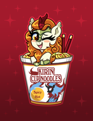 Size: 2550x3300 | Tagged: safe, artist:confetticakez, imported from derpibooru, autumn blaze, kirin, nirik, pony, abstract background, awwtumn blaze, blushing, chopsticks, cup, cup noodles, cup of pony, cute, food, gradient background, looking at you, micro, noodles, one eye closed, open mouth, ponies in food, ramen, smol, solo, wink, winking at you