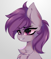 Size: 1890x2160 | Tagged: safe, artist:lunylin, imported from derpibooru, oc, oc only, oc:ametist bell, bat pony, pony, bust, chest fluff, eyebrows, eyebrows visible through hair, fangs, female, mare, portrait, signature, smiling, solo