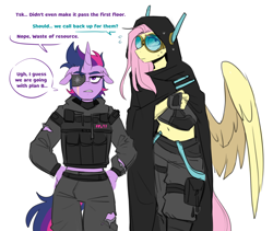 Size: 1888x1590 | Tagged: safe, artist:redxbacon, imported from derpibooru, fluttershy, twilight sparkle, anthro, pegasus, unicorn, cloak, clothes, eyepatch, floppy ears, goggles, military, military uniform, simple background, uniform, white background