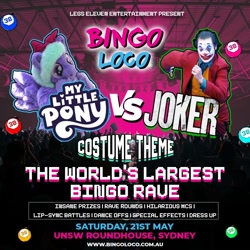 Size: 1000x1000 | Tagged: safe, imported from derpibooru, flitter, anthro, human, pegasus, pony, australia, bingo loco, clothes, costume, dc comics, event, female, mare, my little pony, my little pony logo, plushie, pony plushie, poster, sydney, the joker