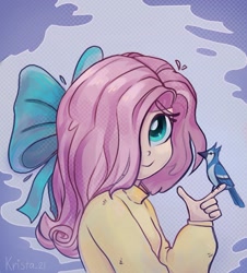 Size: 1455x1609 | Tagged: safe, artist:krista-21, imported from derpibooru, fluttershy, bird, blue jay, human, equestria girls, bow, clothes, cute, female, hair bow, hair over one eye, humanized, shyabetes, smiling, solo, sweater
