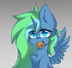 Size: 2280x2160 | Tagged: safe, artist:lunylin, imported from derpibooru, oc, oc only, oc:night, alicorn, pony, alicorn oc, chest fluff, cookie, cute, female, food, horn, looking at you, solo, wings