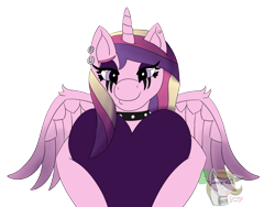 Size: 1600x1200 | Tagged: safe, artist:gray star, derpibooru exclusive, imported from derpibooru, princess cadance, alicorn, collar, goth, heart, looking at you, makeup, piercing, simple background, solo, spiked collar, spread wings, tongue out, transparent background, wings