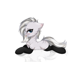 Size: 2560x2036 | Tagged: safe, artist:lunylin, imported from derpibooru, oc, oc only, pony, zebra, blushing, chest fluff, clothes, ear blush, female, looking at you, reflection, simple background, socks, solo, tongue out, white background, zebra oc