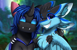 Size: 4015x2640 | Tagged: safe, artist:pridark, imported from derpibooru, oc, oc only, oc:rinne (linuxpony), oc:swift dawn, avali, changeling, original species, best friends, blue changeling, bust, camera, camera shot, changeling oc, changeling wings, chest fluff, claws, commission, cute, duo, eye reflection, eyebrows, eyebrows visible through hair, fangs, forest, furry, high res, horn, looking at you, male, portrait, posing for photo, reflection, smiling, toothy grin, wings