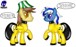 Size: 6672x4154 | Tagged: safe, artist:damlanil, imported from derpibooru, oc, oc only, oc:ferb fletcher, oc:zipper zest, pegasus, pony, unicorn, boots, clothes, collar, comic, commission, duo, female, hazmat suit, horn, latex, latex boots, latex suit, looking at you, male, mare, raised hoof, rubber, shiny, shoes, show accurate, simple background, speech bubble, stallion, suit, text, transparent background, vector, wings